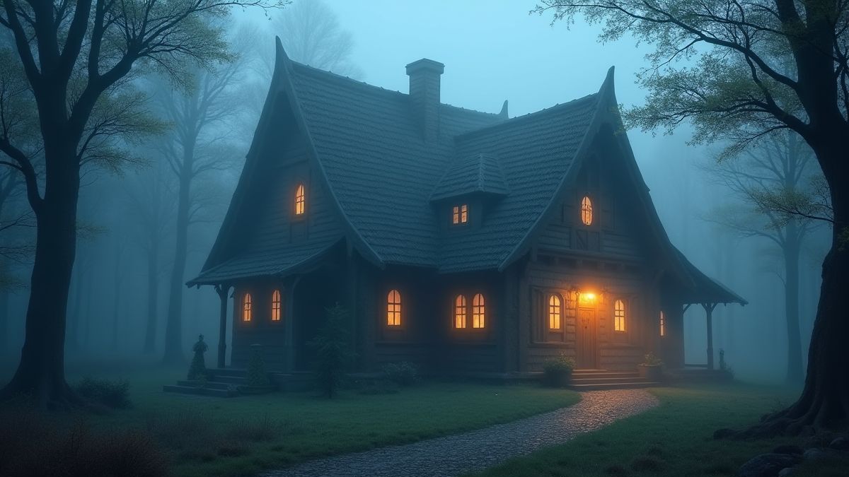 Magical cottage surrounded by fog and trees, representing the bonus feature.