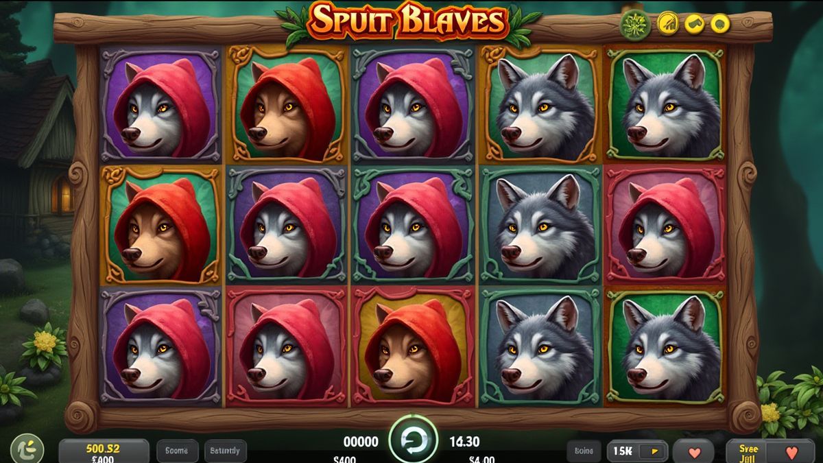 Slot reels with colorful symbols like wolves, red hoods, and cottages.