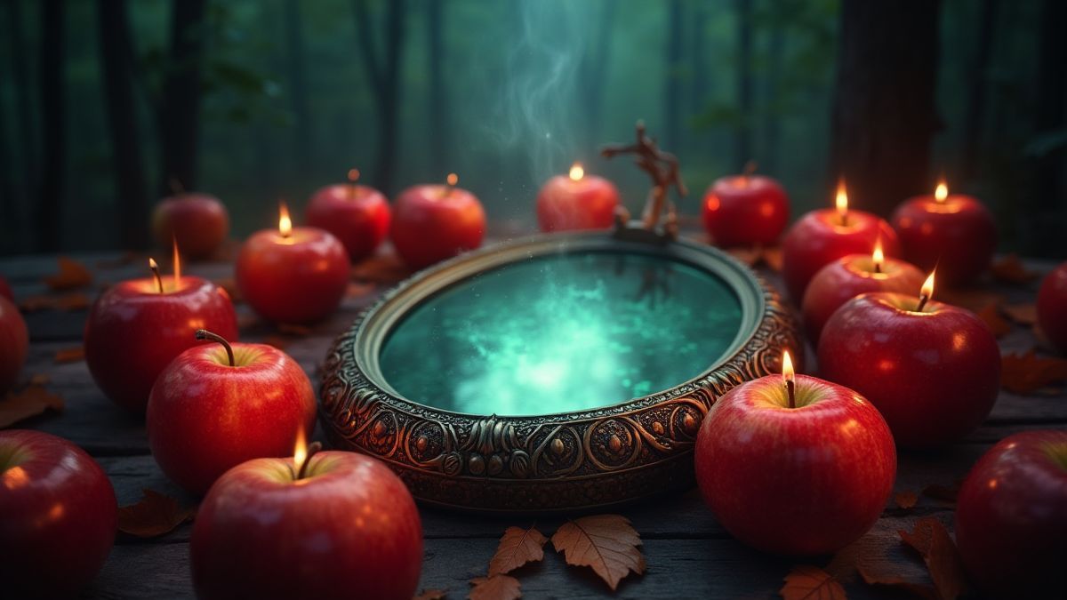 Magical mirror surrounded by glowing apples.