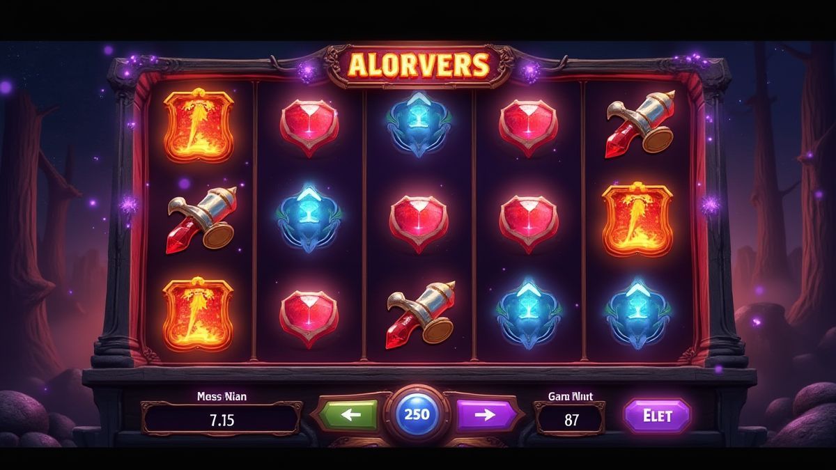 Slot machine interface with glowing buttons and magical symbols.