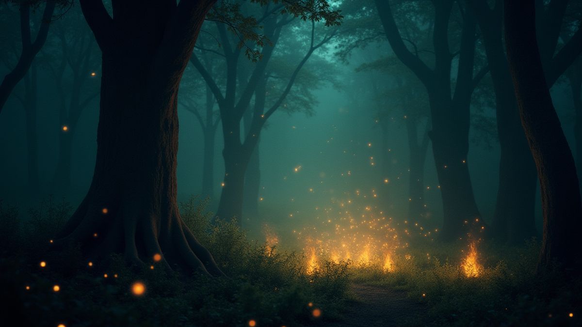 Uma floresta mística com vagalumes brilhantes e chamas mágicas.