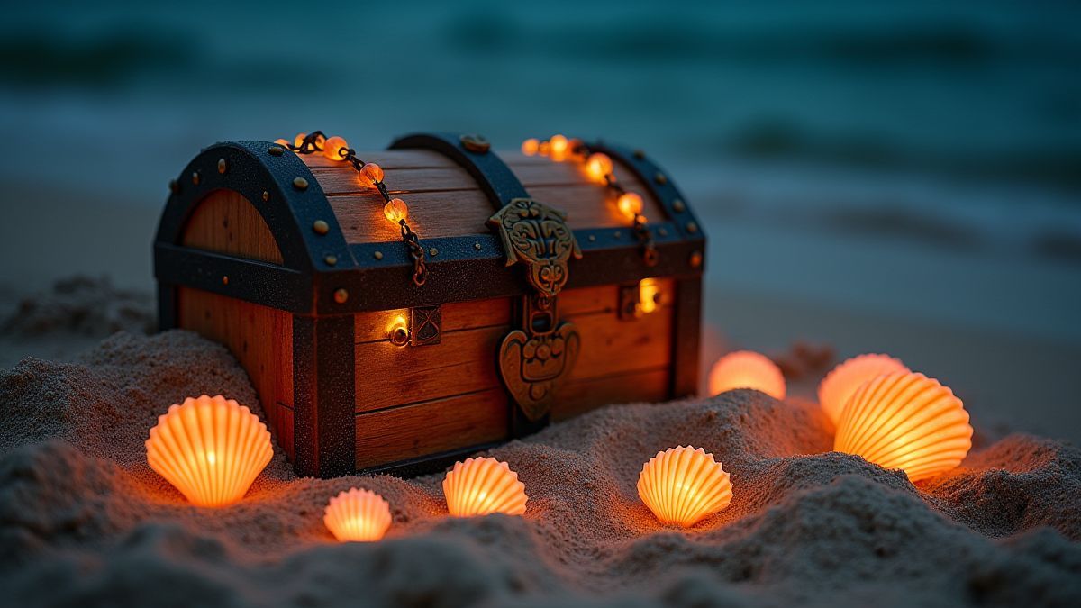 A treasure chest buried in sand surrounded by glowing shells.