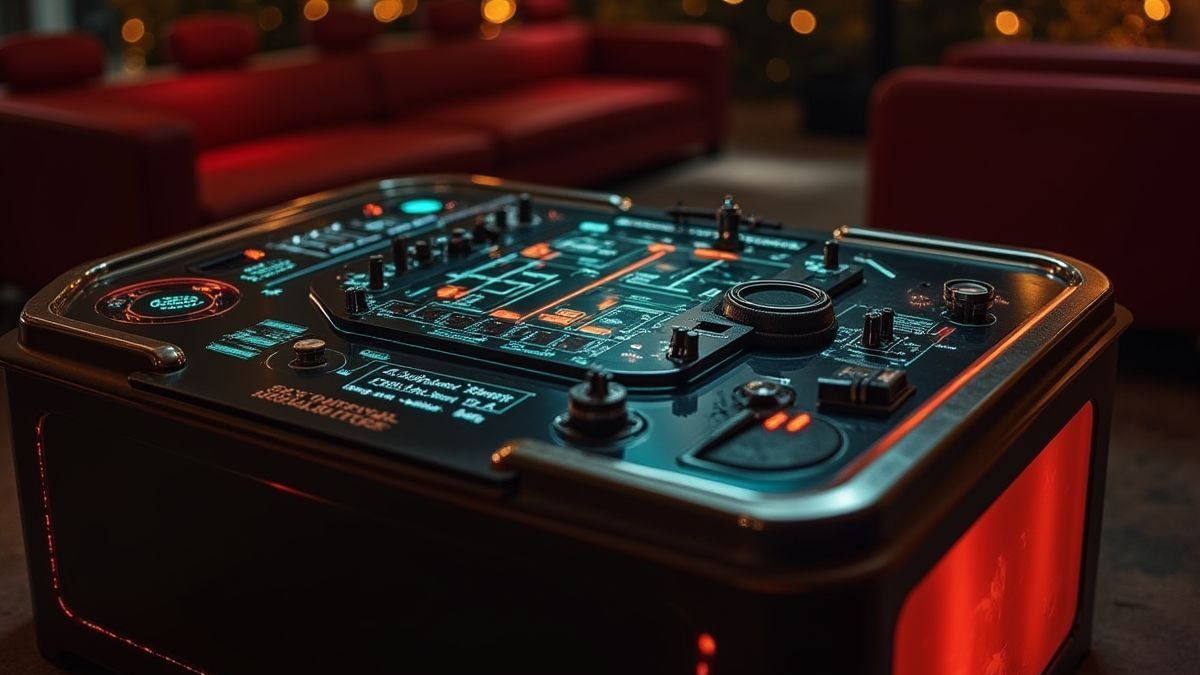 Mesa con tecnología avanzada y gadgets de espías