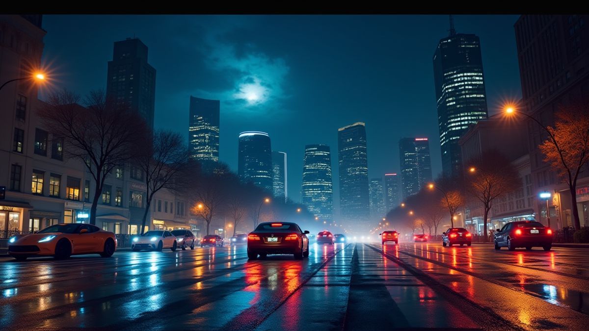 Ciudad iluminada de noche con coches de lujo