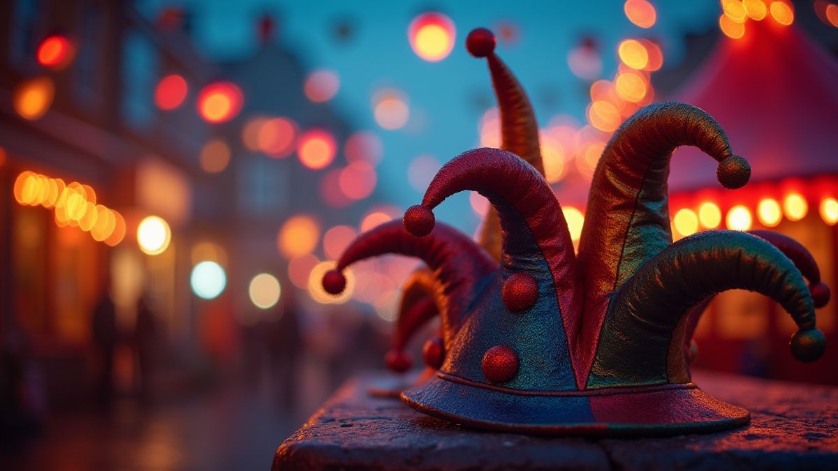 Carnaval festif avec lumières colorées et chapeaux de bouffon.