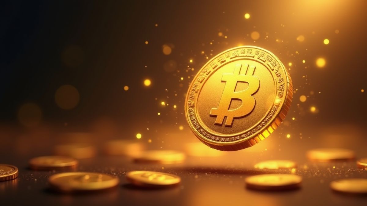 Monnaie dorée volant avec des effets scintillants.