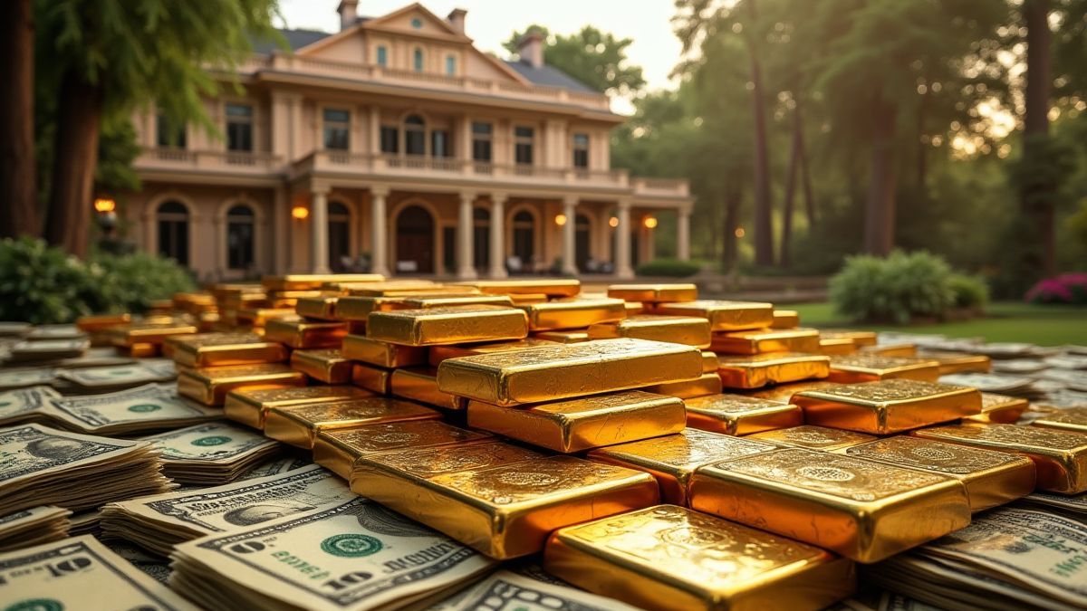 Mansión lujosa rodeada de billetes y barras de oro.