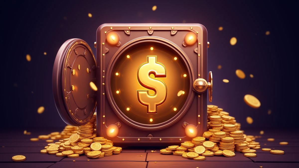 Bóveda de jackpot brillante con luces intermitentes y símbolos de dólar.