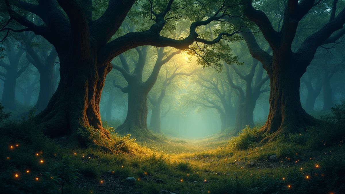 Une forêt magique avec des arbres anciens et des lucioles brillantes.