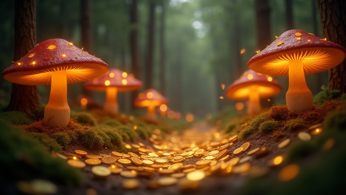 Des pièces d'or scintillant dans une forêt magique avec des champignons lumineux.