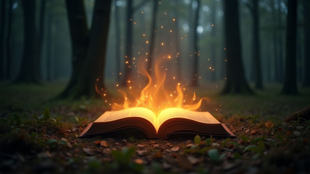 Un livre magique brillant au milieu d'une clairière forestière.