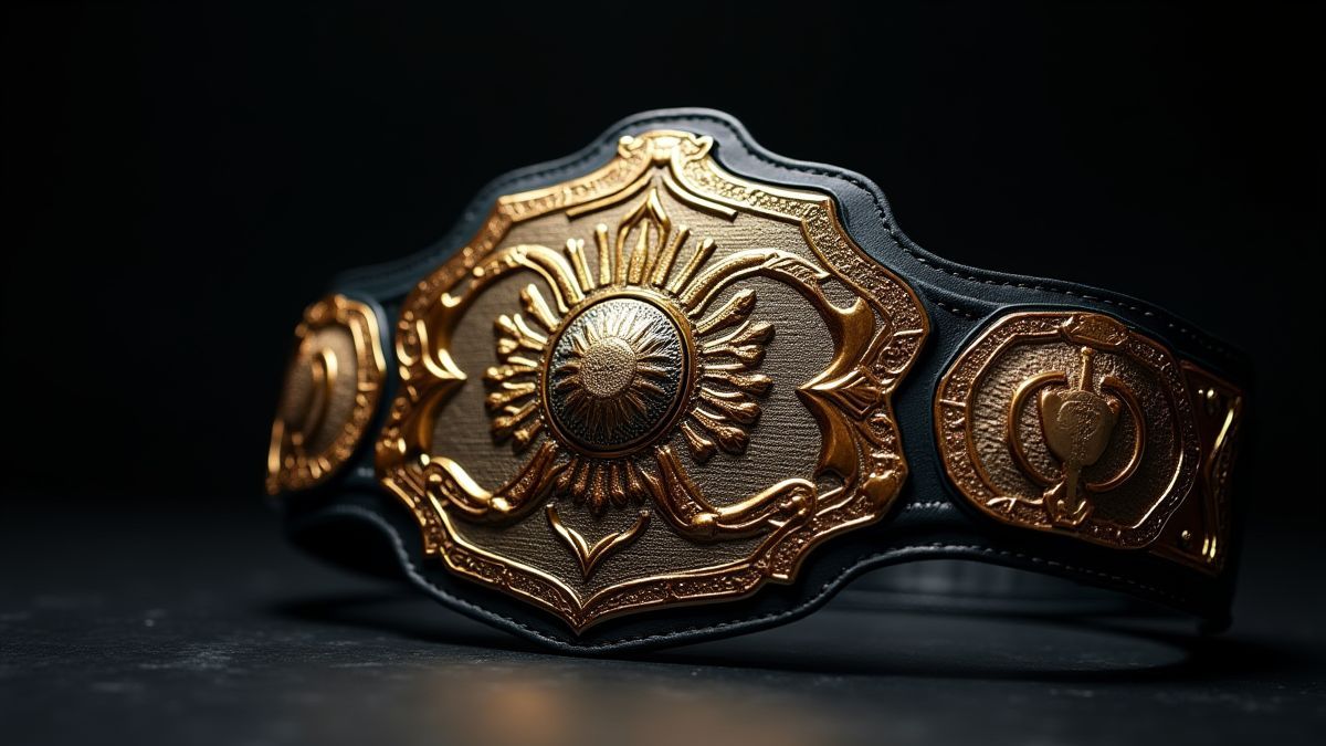 Afbeelding van een gedetailleerde kampioensriem op een donkere achtergrond.