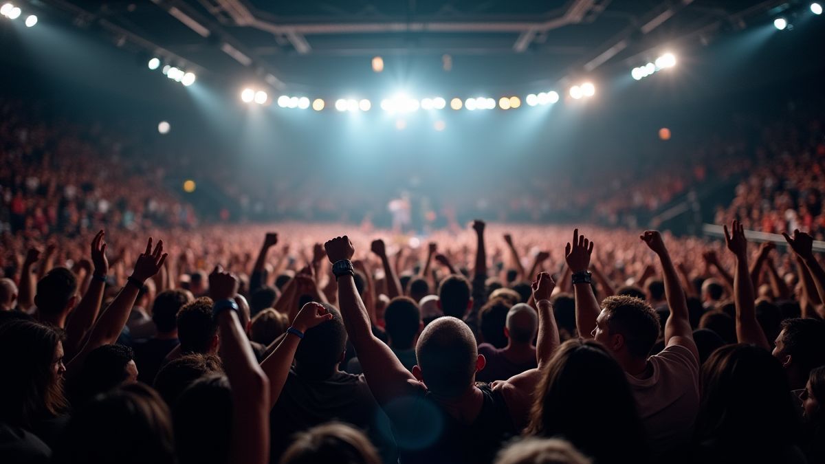 Afbeelding van een enthousiaste menigte in een MMA-arena met heldere lichten.