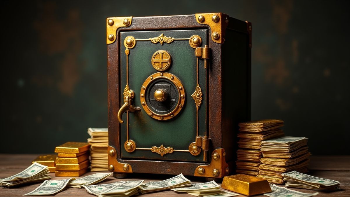 Vintage kluis omringd door geld en goudstaven.