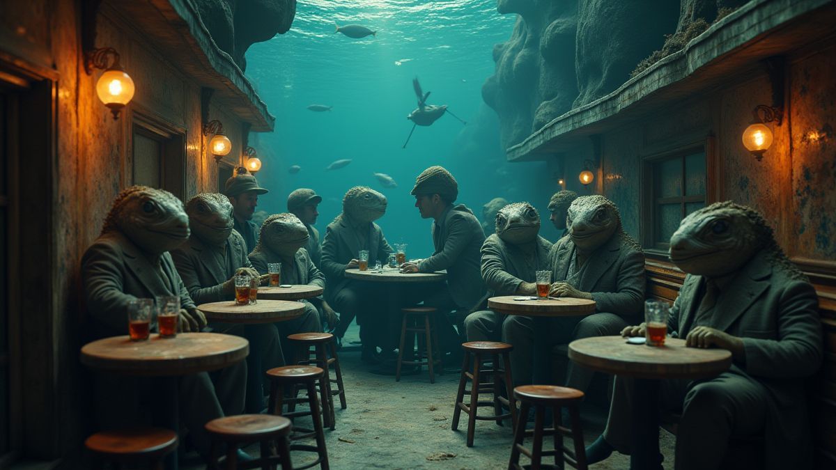 Casino clandestino bajo el agua con criaturas marinas vestidas de mafiosos.