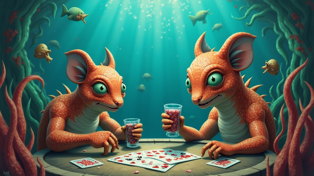 Escena submarina con decoración vintage y criaturas marinas jugando al póker.