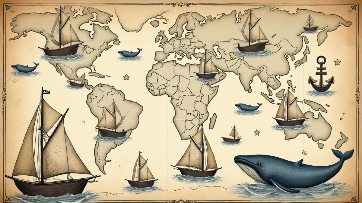 Vintage nautische kaart met illustraties van schepen en een walvis.