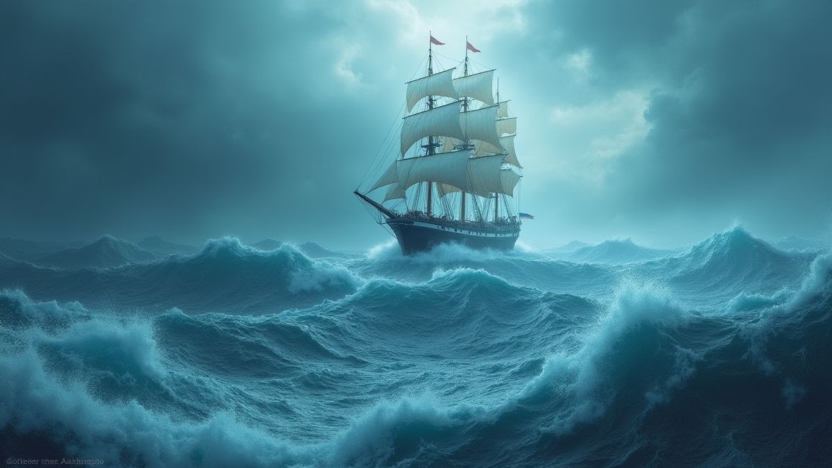 Stormachtige zee met golven die breken en een schip dat tegen de elementen vecht.