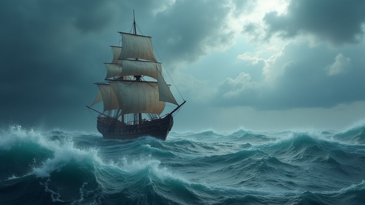 Barco de madera navegando por mares tormentosos.