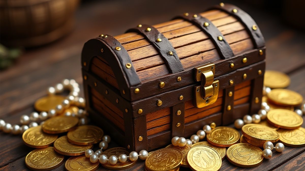 Cofre del tesoro rodeado de monedas de oro y perlas.