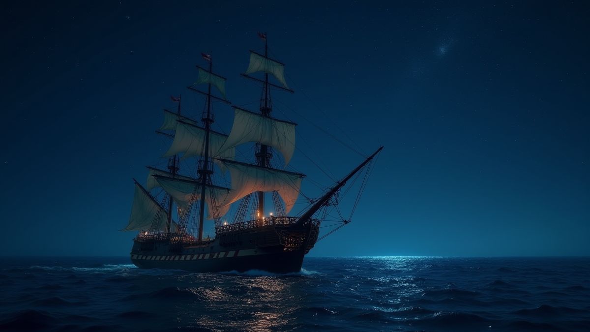 Un barco pirata navegando bajo un cielo estrellado con cofres del tesoro en la cubierta.