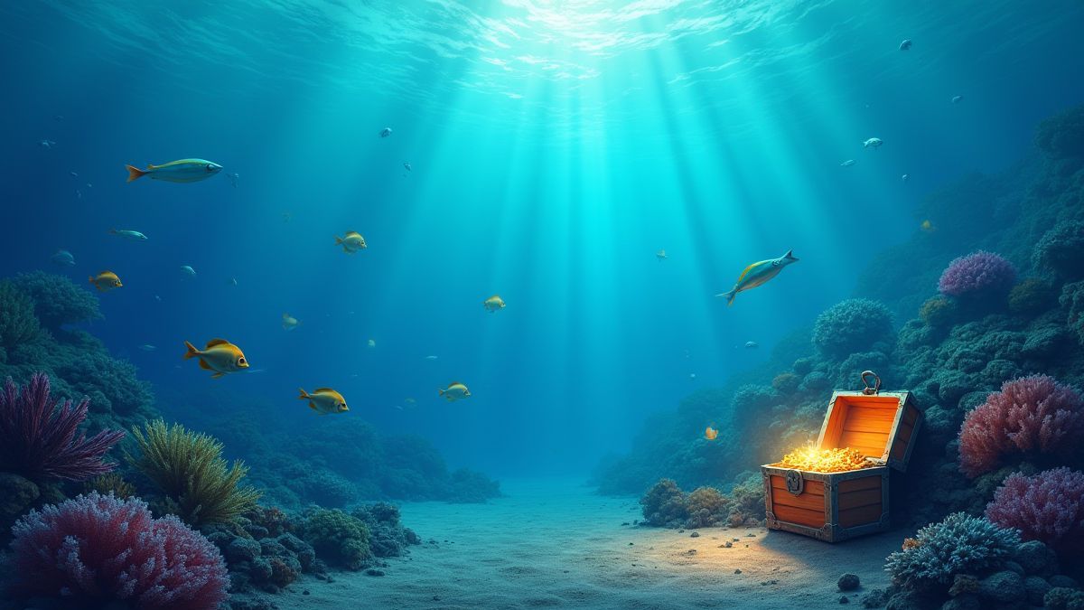 Un paisaje submarino con arrecifes de coral, peces y un cofre del tesoro brillante.