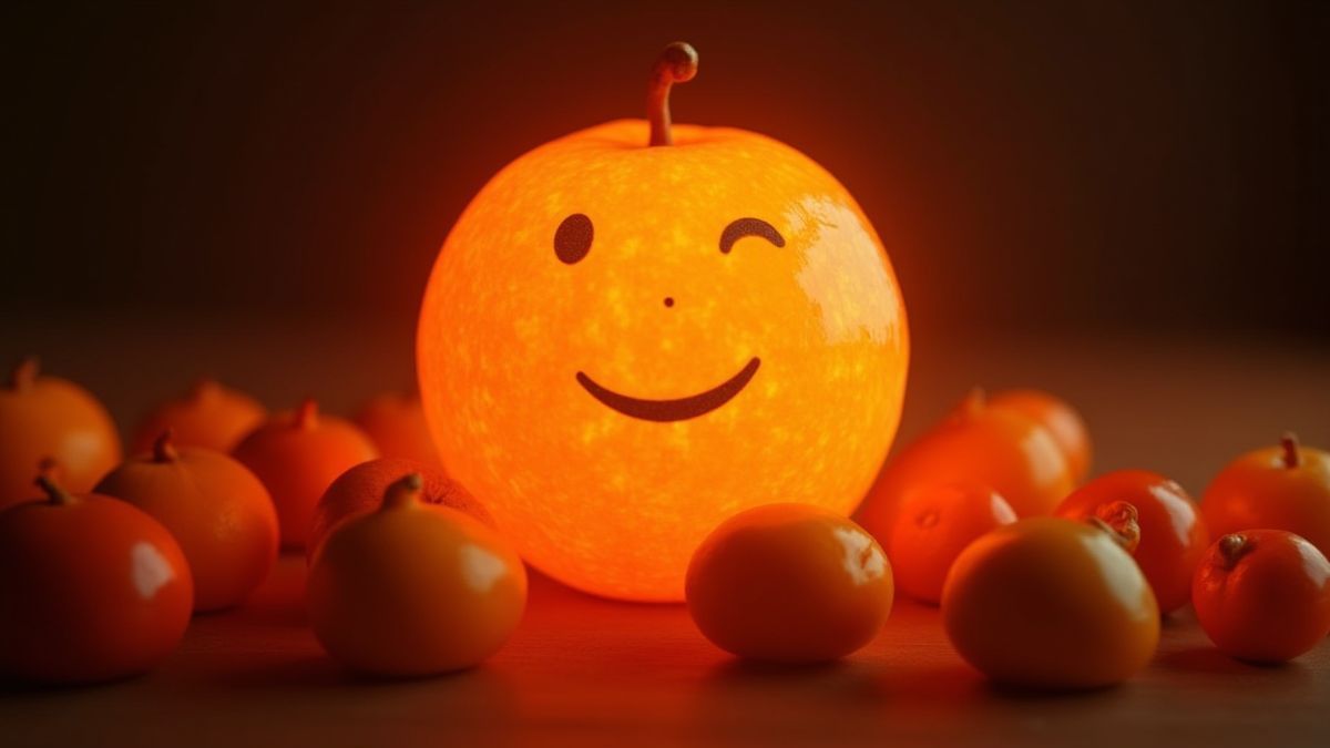 Uma laranja brilhante rodeada de símbolos clássicos de máquinas tragamonedas.