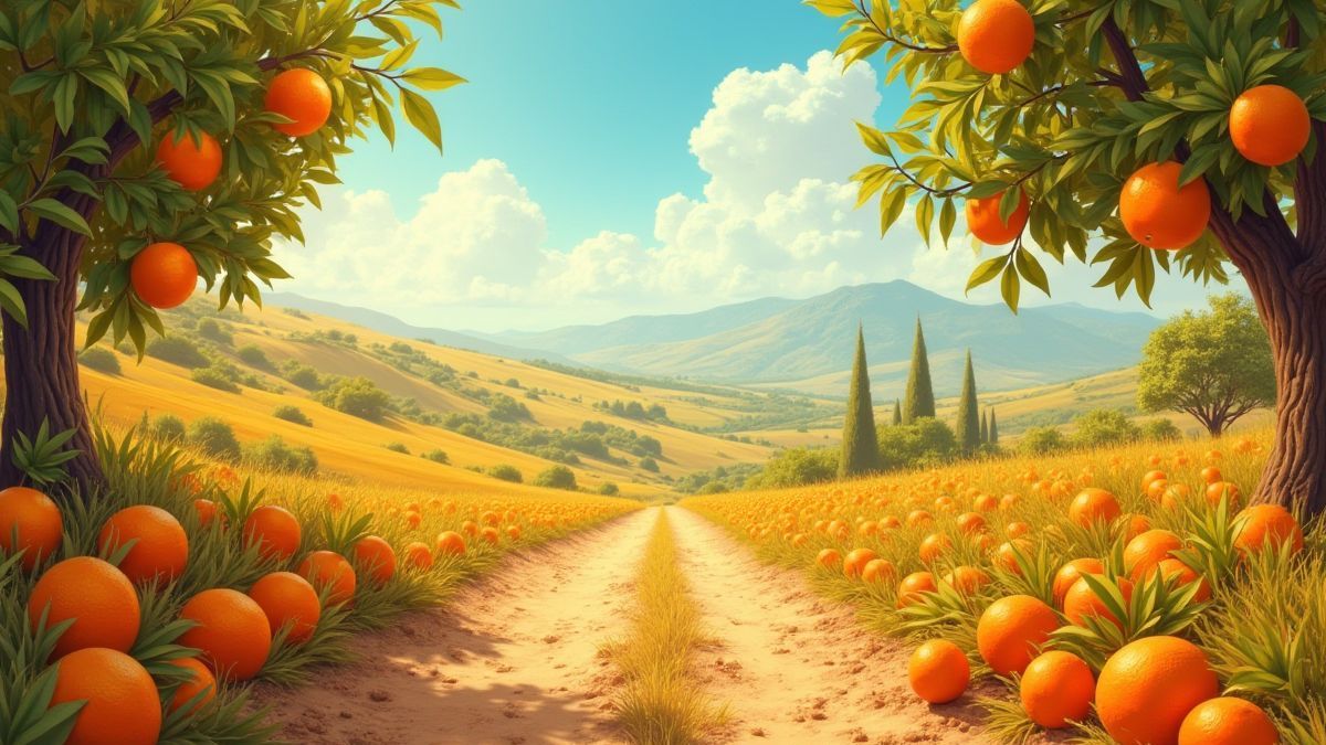 Um campo ensolarado com laranjeiras e elementos de máquinas tragamonedas clássicas.