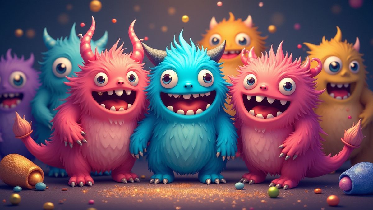 Monstruos kawaii agrupados con colores vivos y tesoros brillantes.