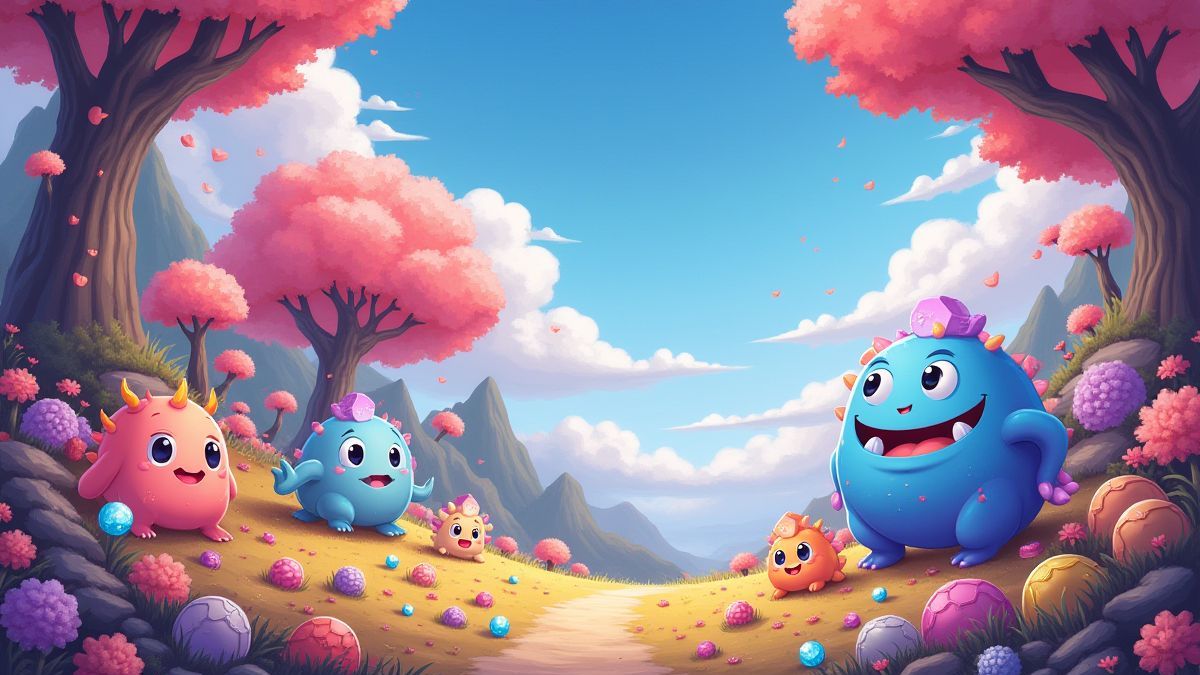 Un paisaje kawaii con monstruos adorables y tesoros mágicos.