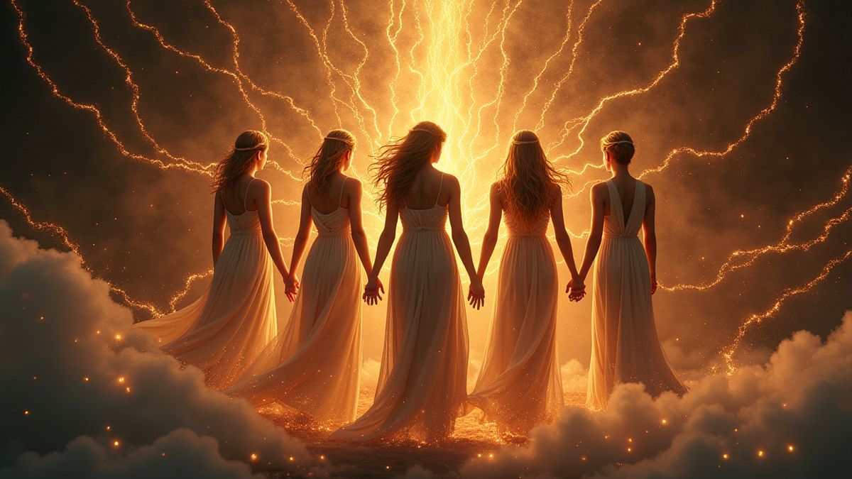 Mythical Greek goddesses surrounded by glowing threads