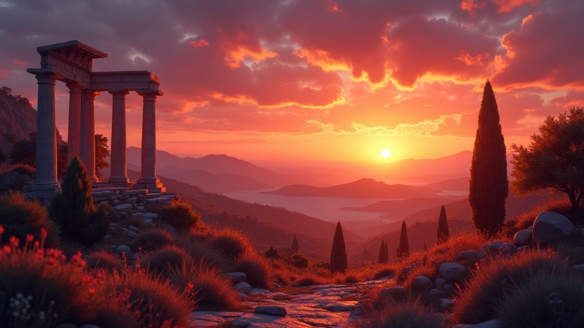 Ancient Greek landscape at sunset with magical lights