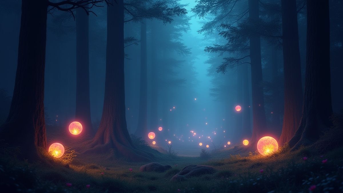 Magische orbs die zweven in een mystiek bos.