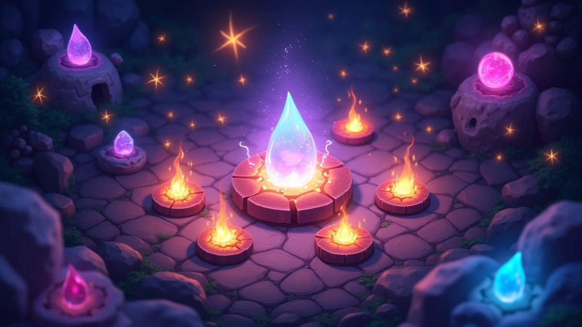 Sprankelende game-interface met magische symbolen en gloeiende effecten.