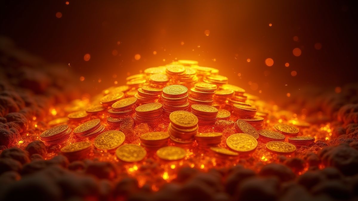 Pile of gold coins surrounded by burning magma.