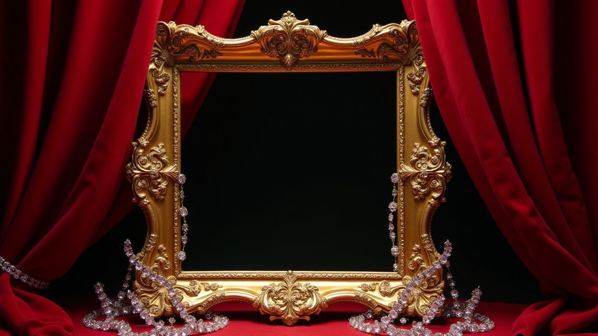 Marco dorado rodeado de joyas brillantes y cortinas de terciopelo.