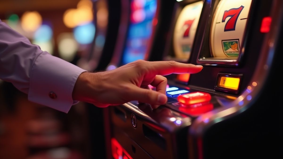Mano presionando el botón de giro en una máquina tragamonedas.