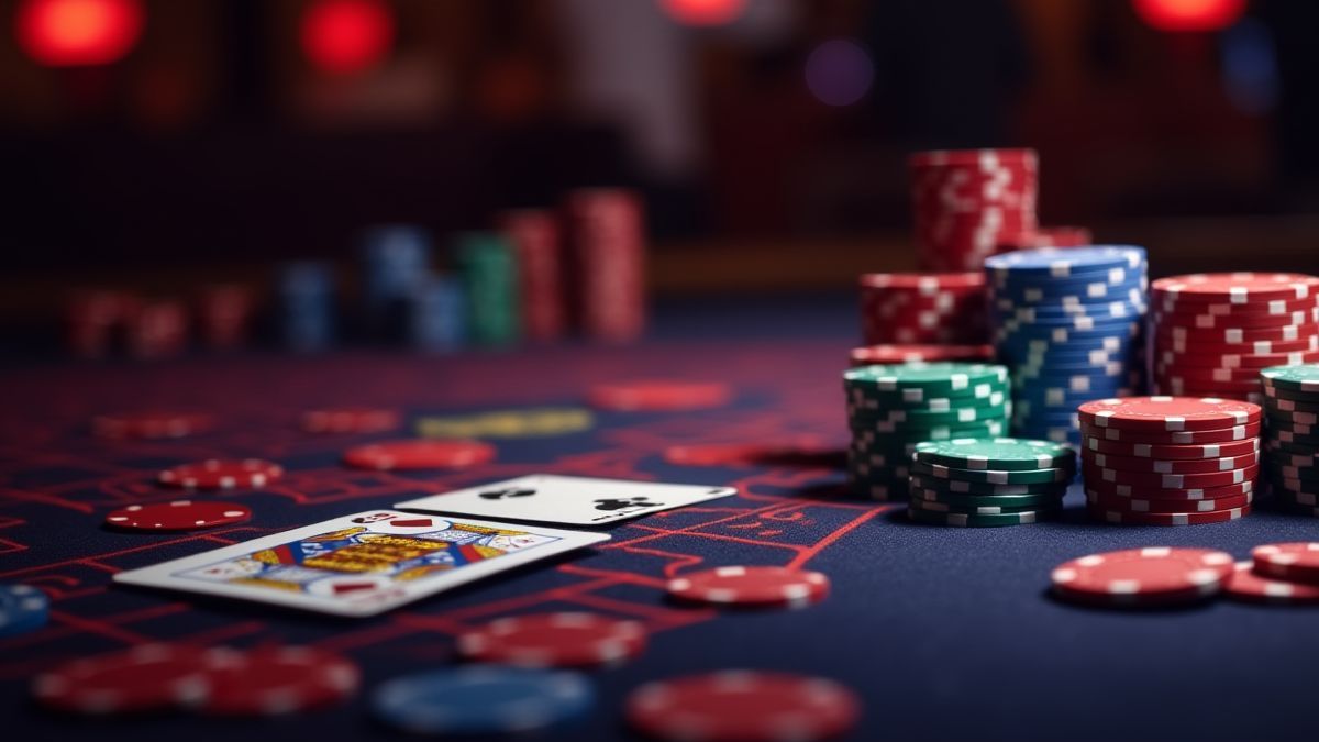Mesa de casino glamorosa con fichas y cartas.