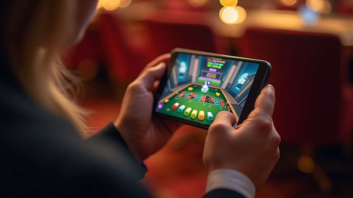 Persona jugando a un juego de casino en su móvil en un ambiente lujoso.