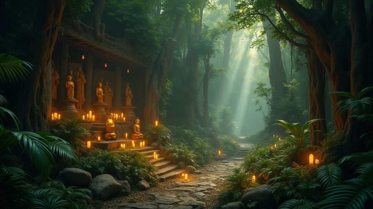 Jungla densa con estatuas doradas y tesoros brillantes.