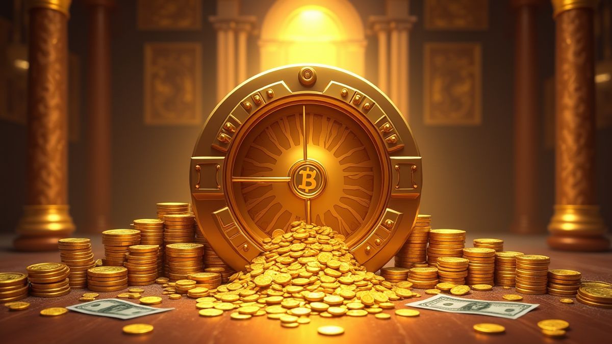 Bóveda dorada rodeada de monedas y billetes.