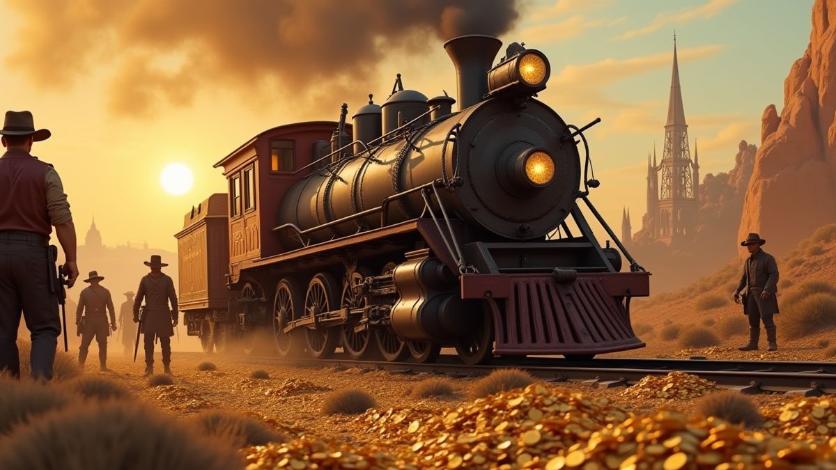 Un tren del Salvaje Oeste rodeado de bandidos y monedas de oro.