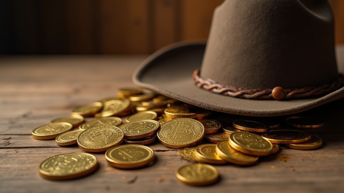Monedas y barras de oro sobre una mesa de madera con un sombrero vaquero.