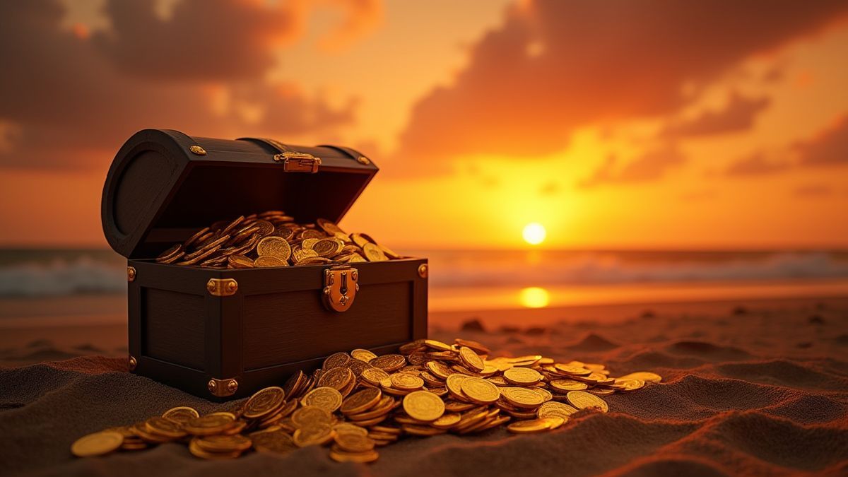 Un cofre del tesoro lleno de monedas de oro bajo un atardecer.