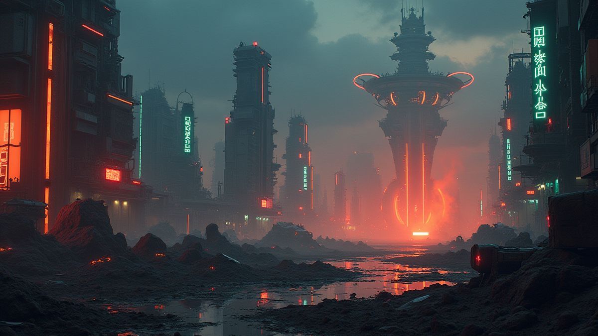 A futuristic apocalyptic landscape with neon lights and robotic vehicles.