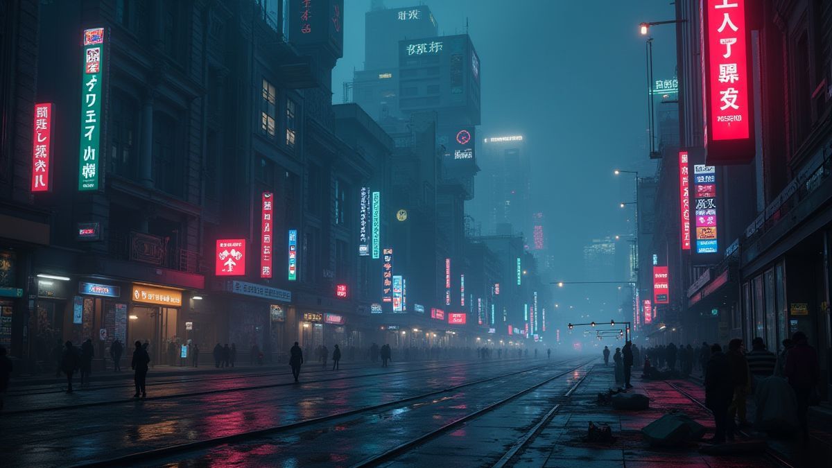 A dark futuristic city with neon lights and robotic elements.