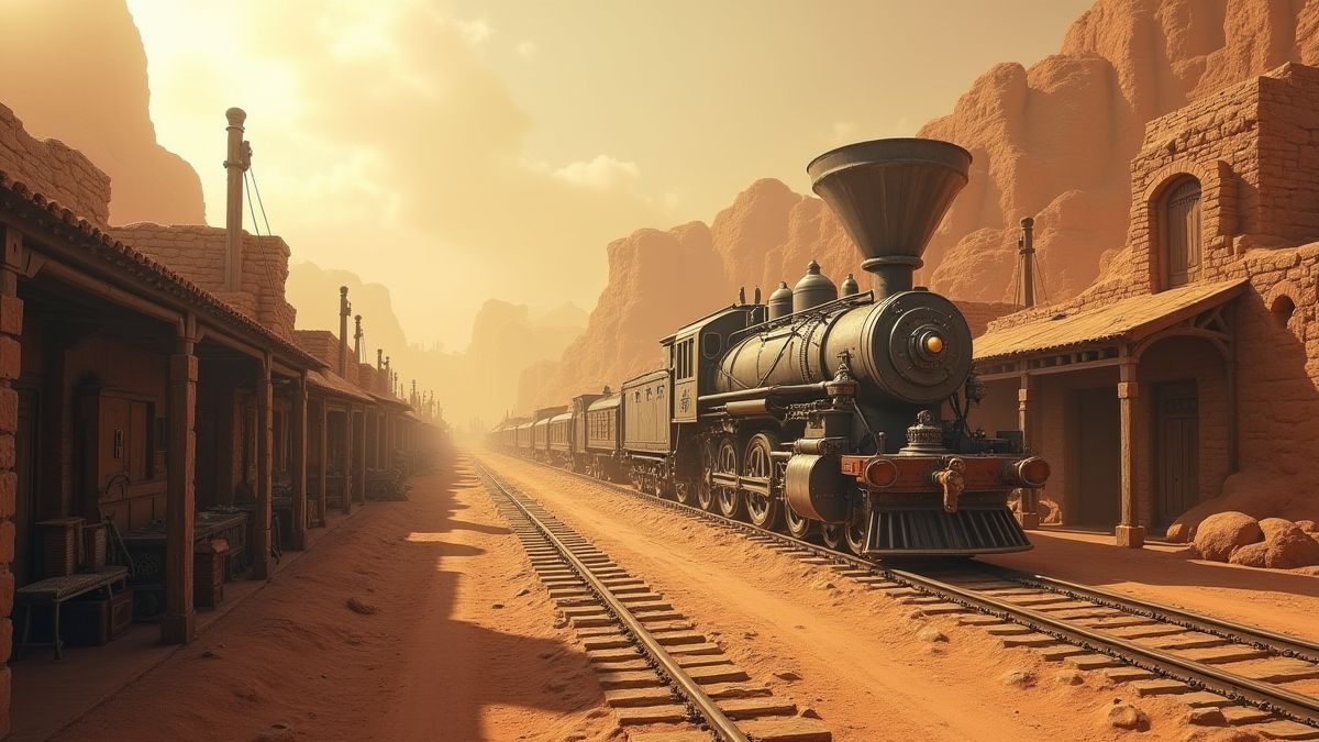 Una ciudad desértica con temática steampunk llena de engranajes y trenes.