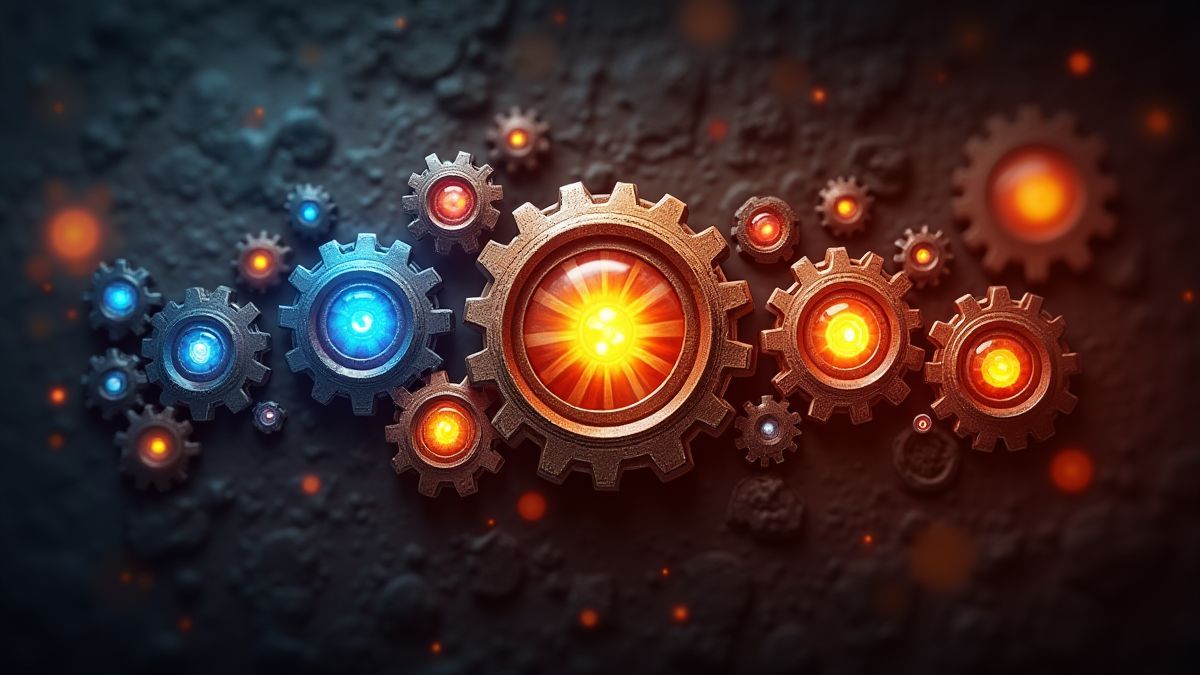 Engranajes y símbolos de bonificación que brillan en un diseño steampunk.