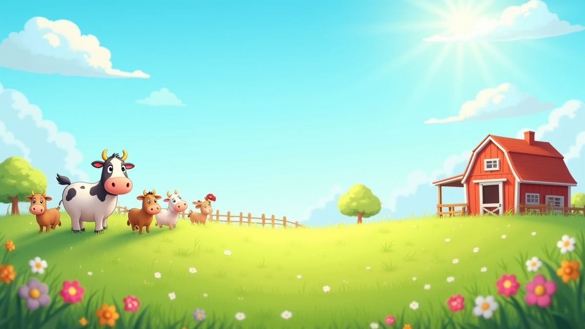 Een geanimeerde boerderij met blije dieren onder een blauwe lucht