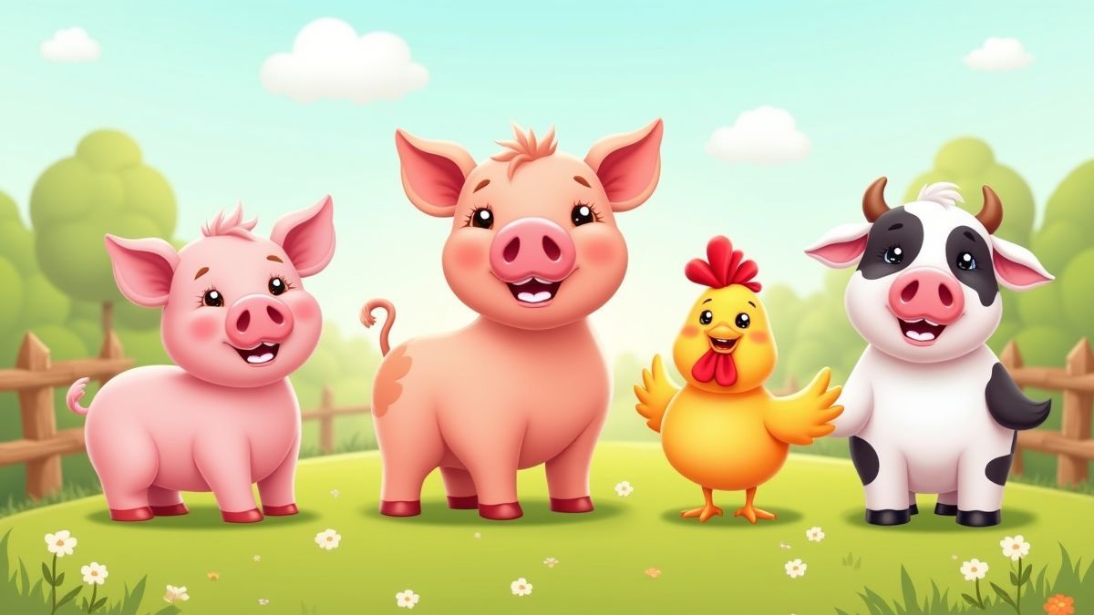 Animierte Bauernhoftiere in einer glücklichen Umgebung.